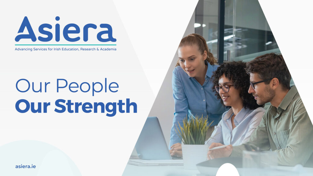 Asiera logo with image of 2 women and one man looking at a laptop